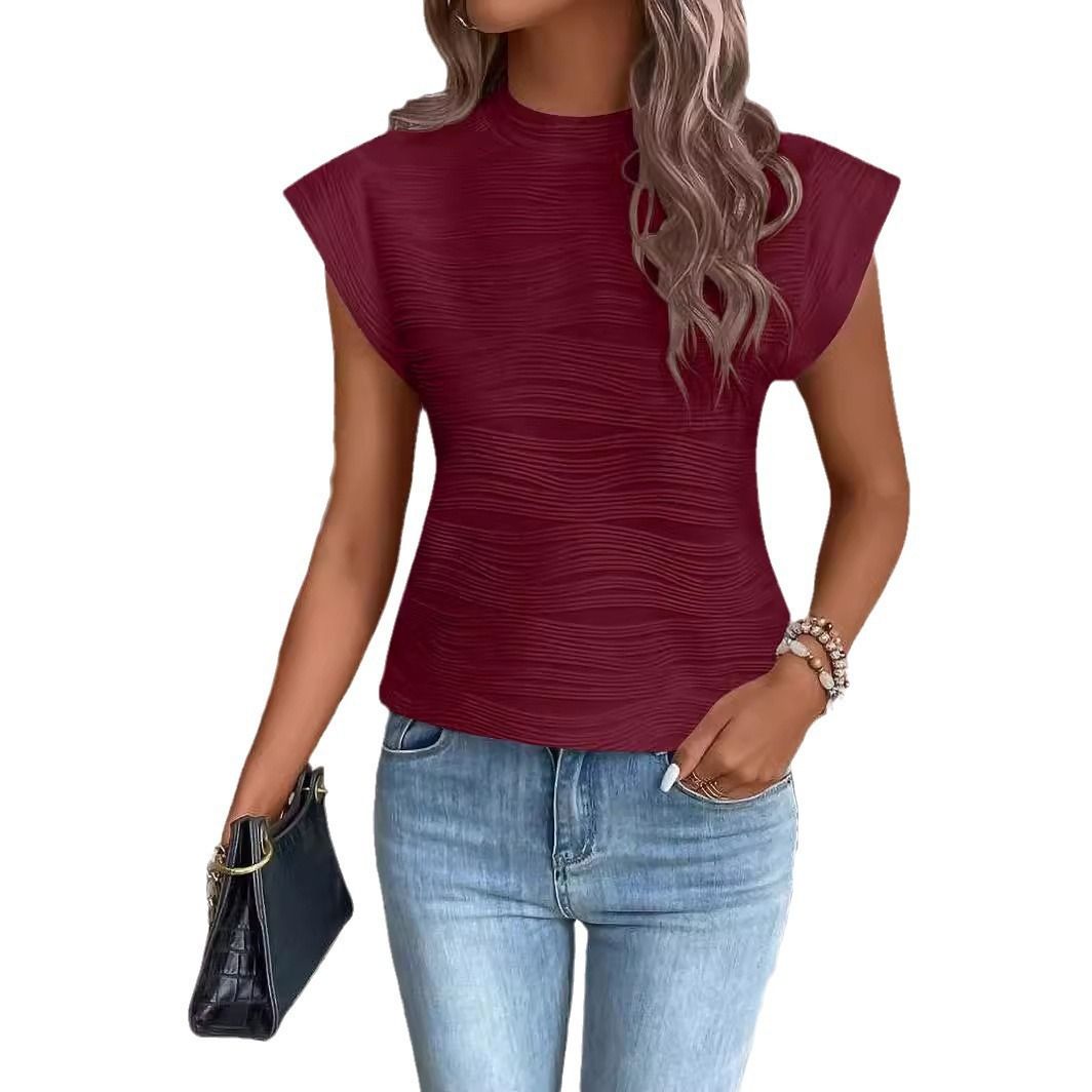 New Semi-High Neck Textured Wavy Strip Button Short-Sleeved Top