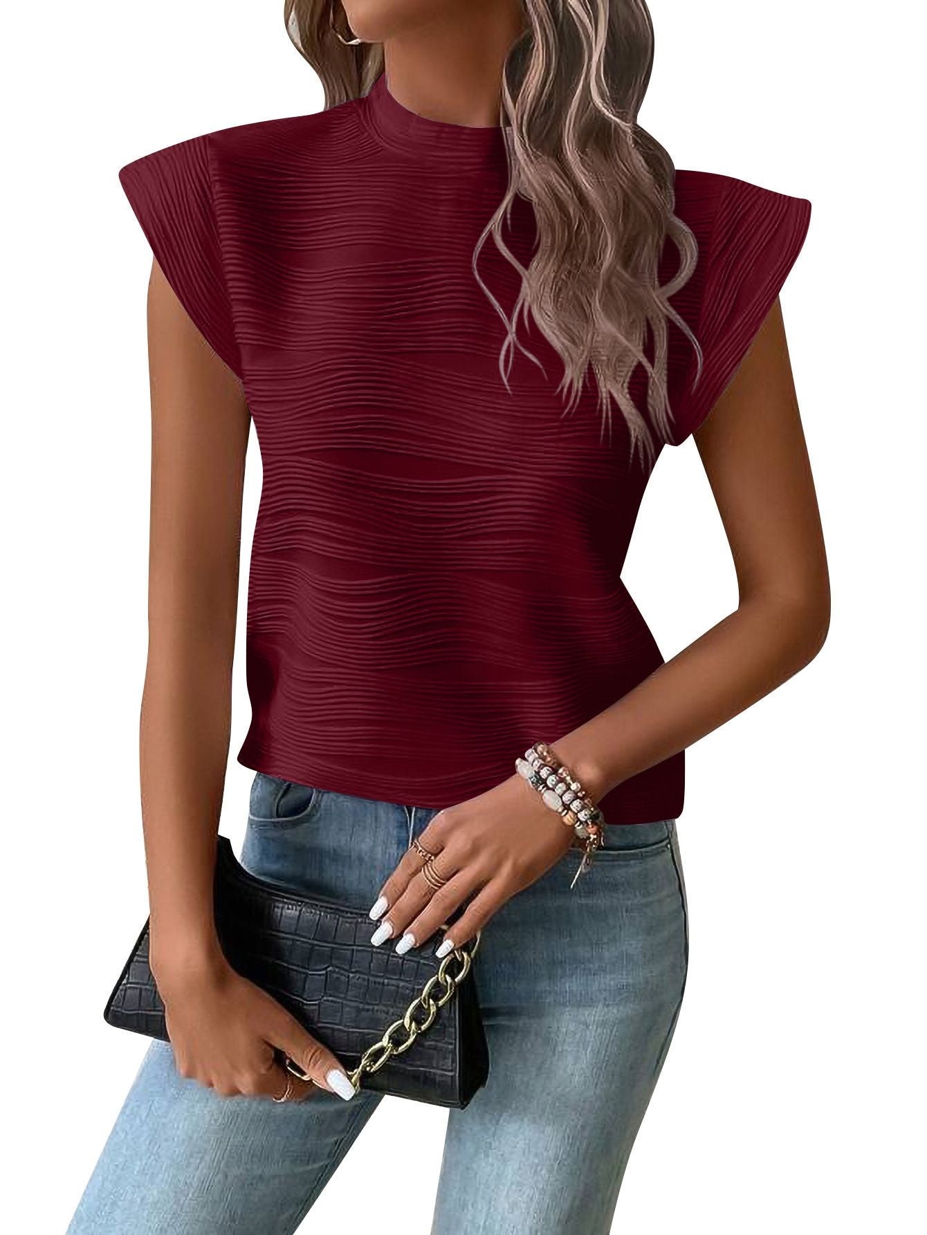 New Semi-High Neck Textured Wavy Strip Button Short-Sleeved Top