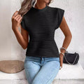 New Semi-High Neck Textured Wavy Strip Button Short-Sleeved Top