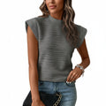 New Semi-High Neck Textured Wavy Strip Button Short-Sleeved Top
