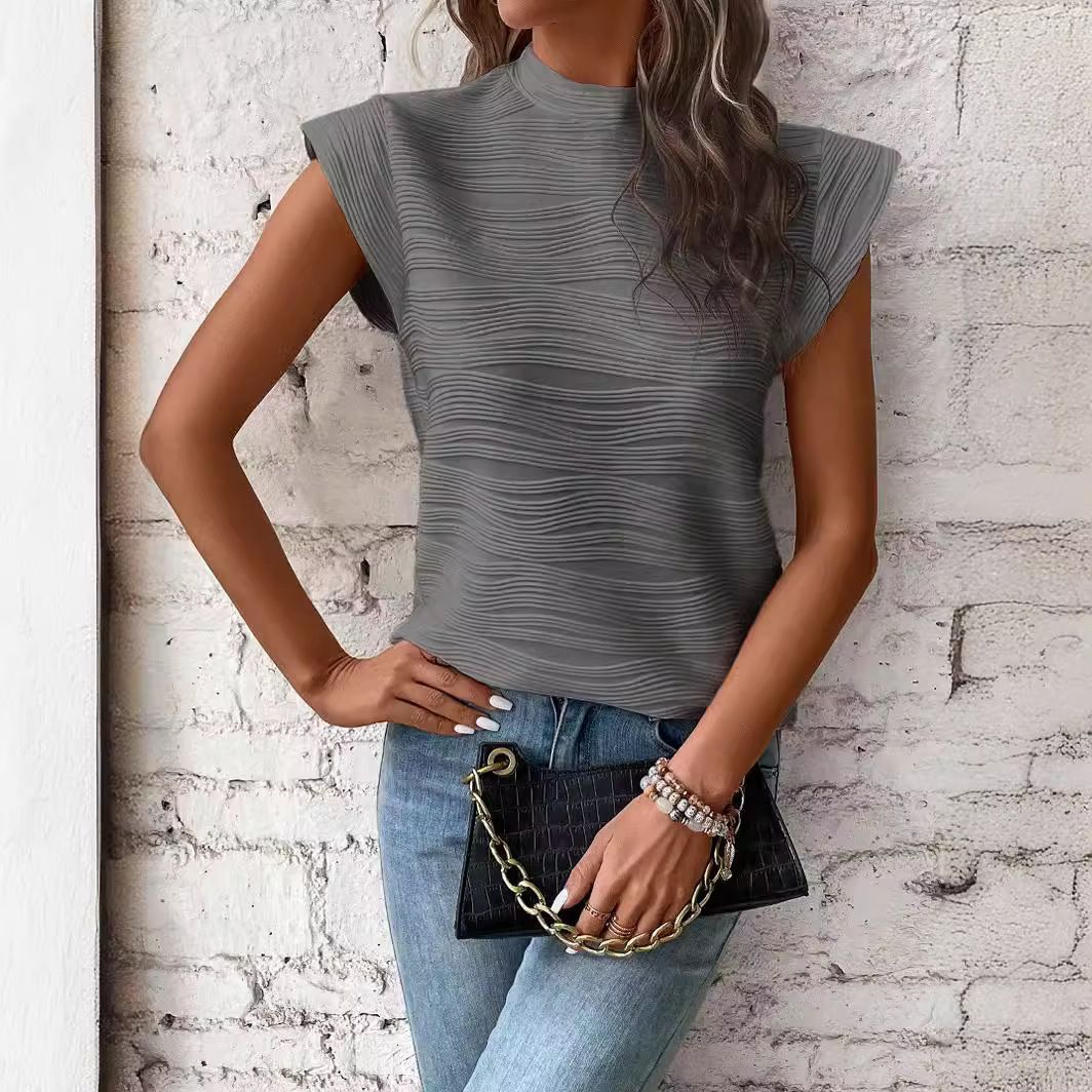 New Semi-High Neck Textured Wavy Strip Button Short-Sleeved Top