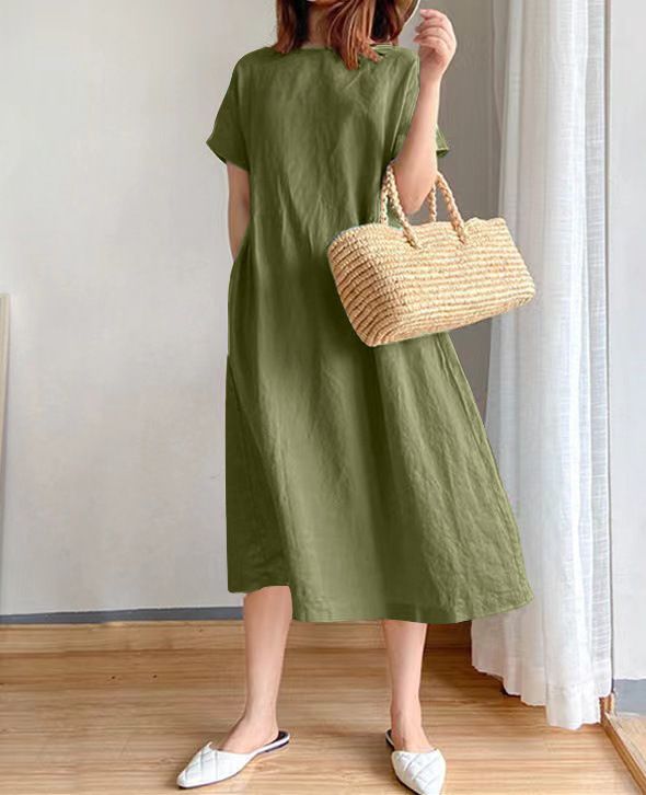 Loose Skirt Short Sleeve Crew Neck Solid Color Cotton And Linen Dress