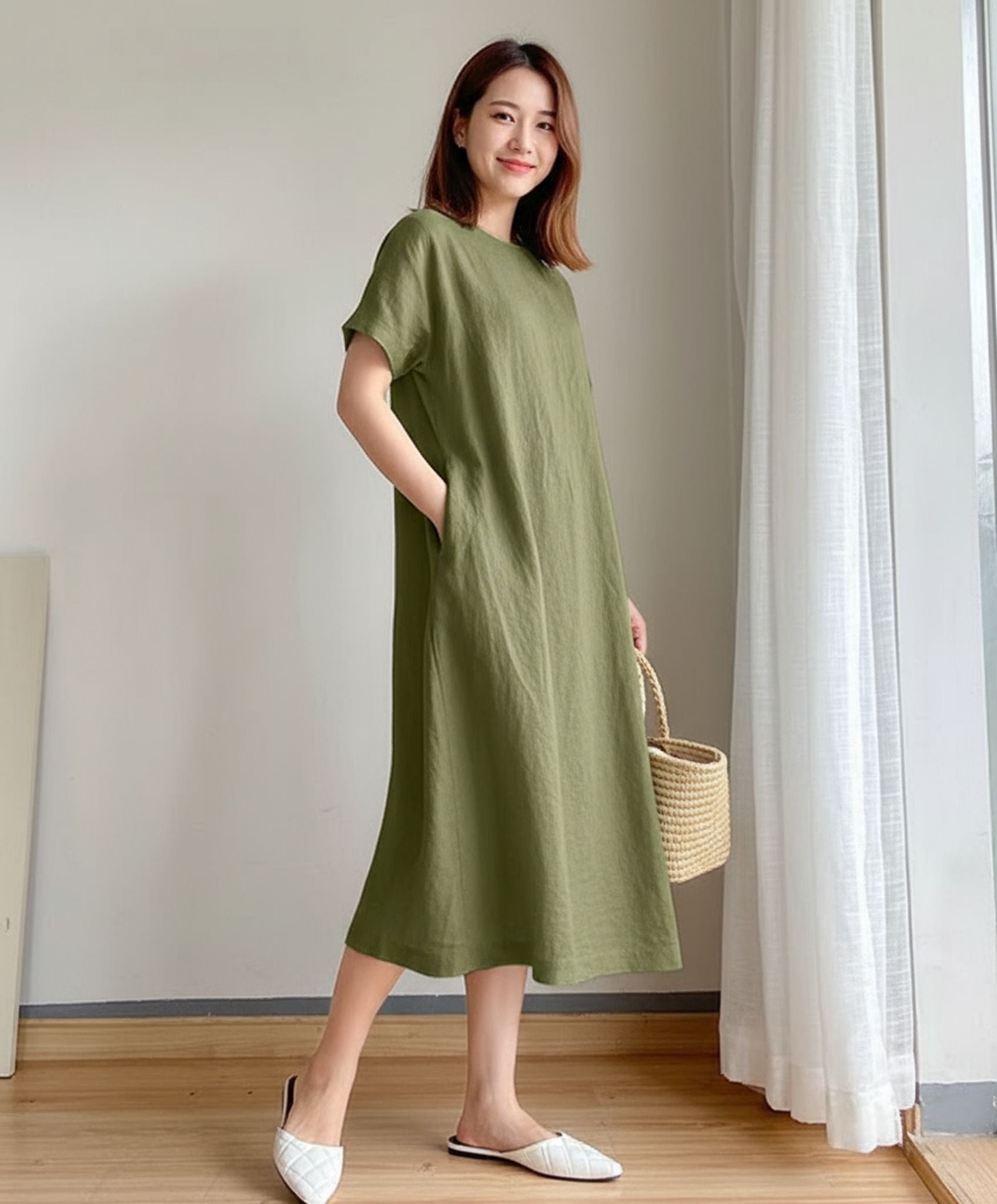 Loose Skirt Short Sleeve Crew Neck Solid Color Cotton And Linen Dress