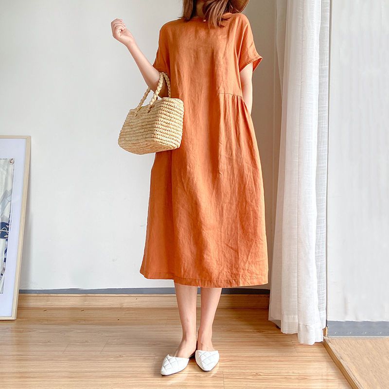 Loose Skirt Short Sleeve Crew Neck Solid Color Cotton And Linen Dress