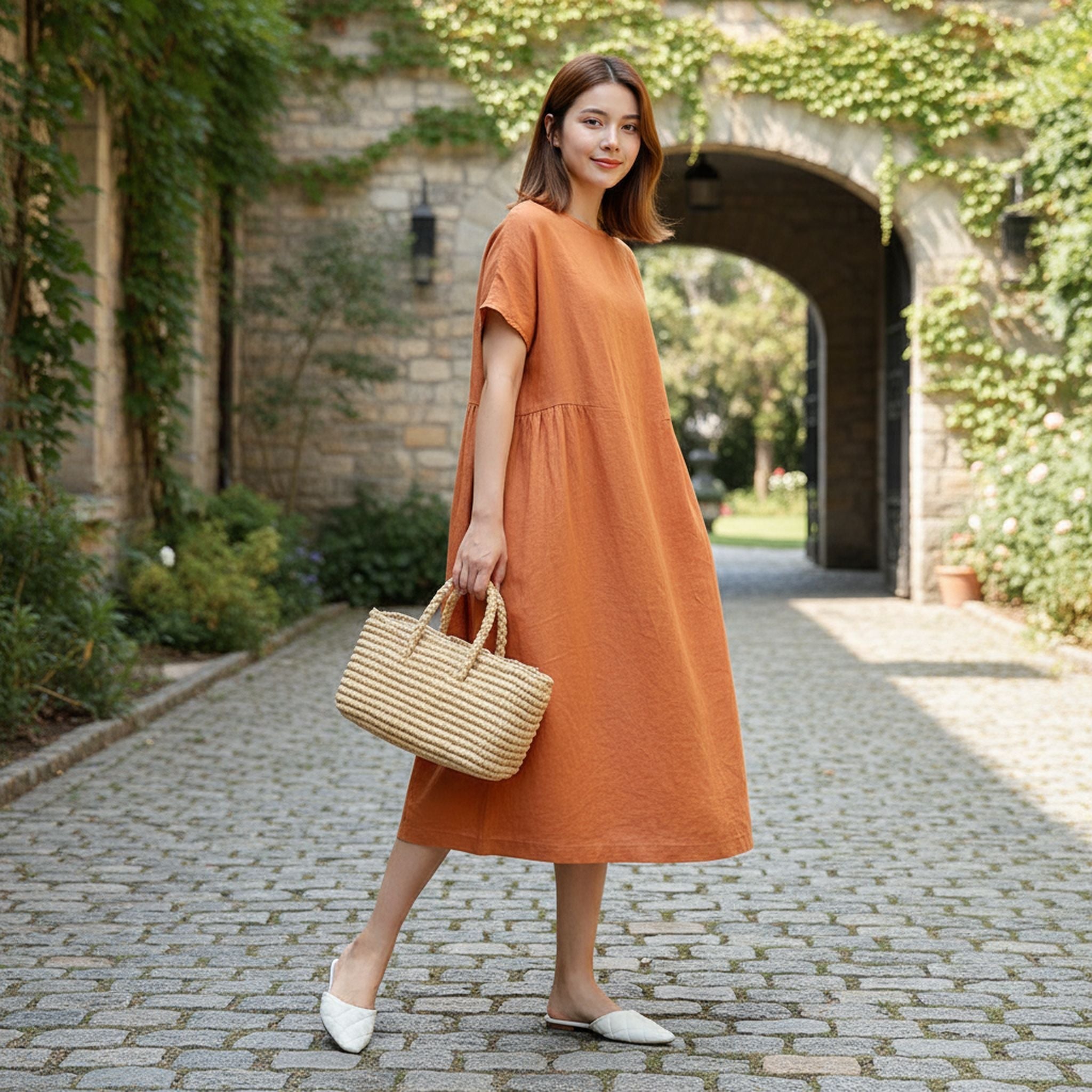 Loose Skirt Short Sleeve Crew Neck Solid Color Cotton And Linen Dress