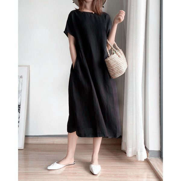 Loose Skirt Short Sleeve Crew Neck Solid Color Cotton And Linen Dress