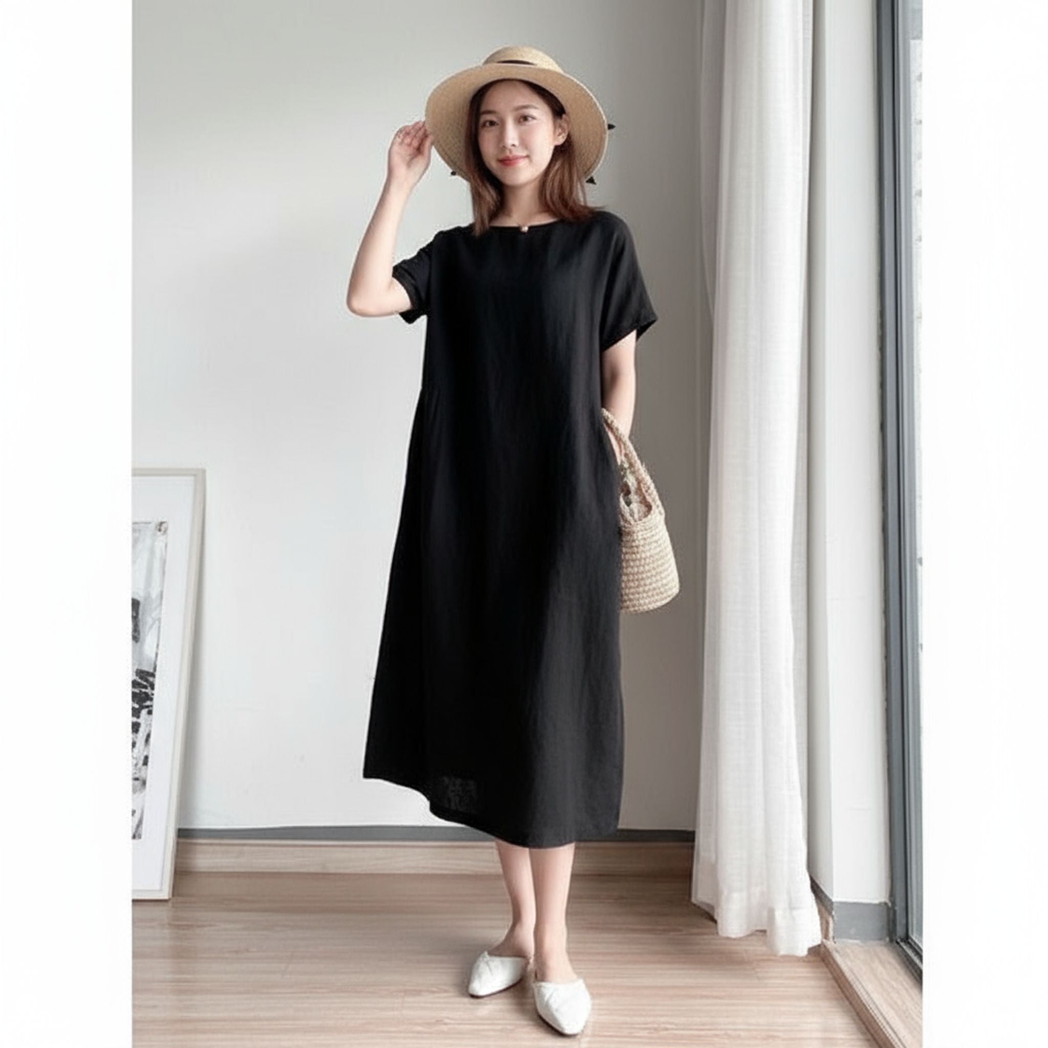 Loose Skirt Short Sleeve Crew Neck Solid Color Cotton And Linen Dress