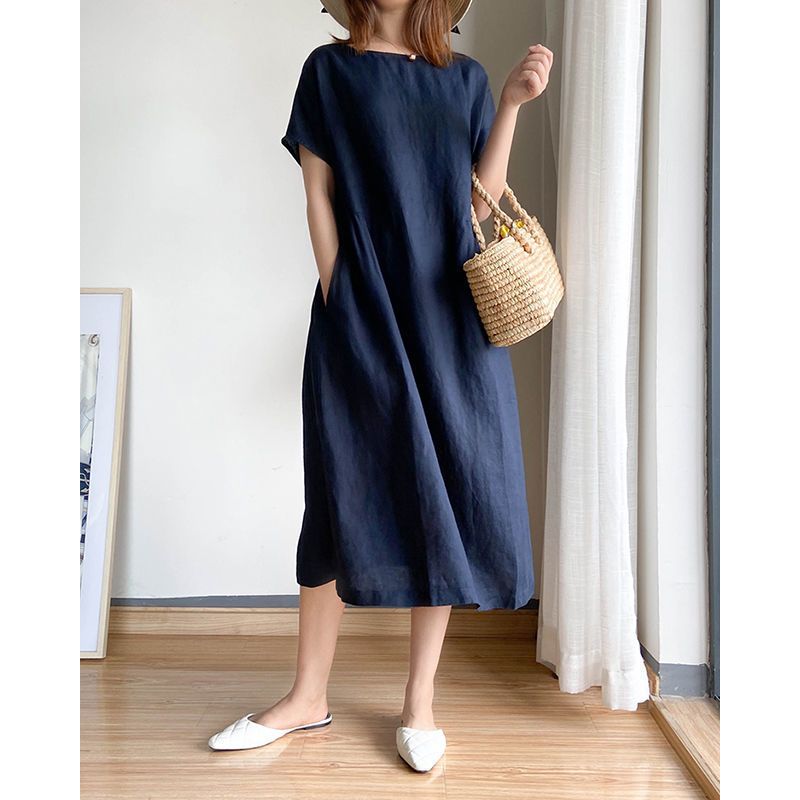 Loose Skirt Short Sleeve Crew Neck Solid Color Cotton And Linen Dress