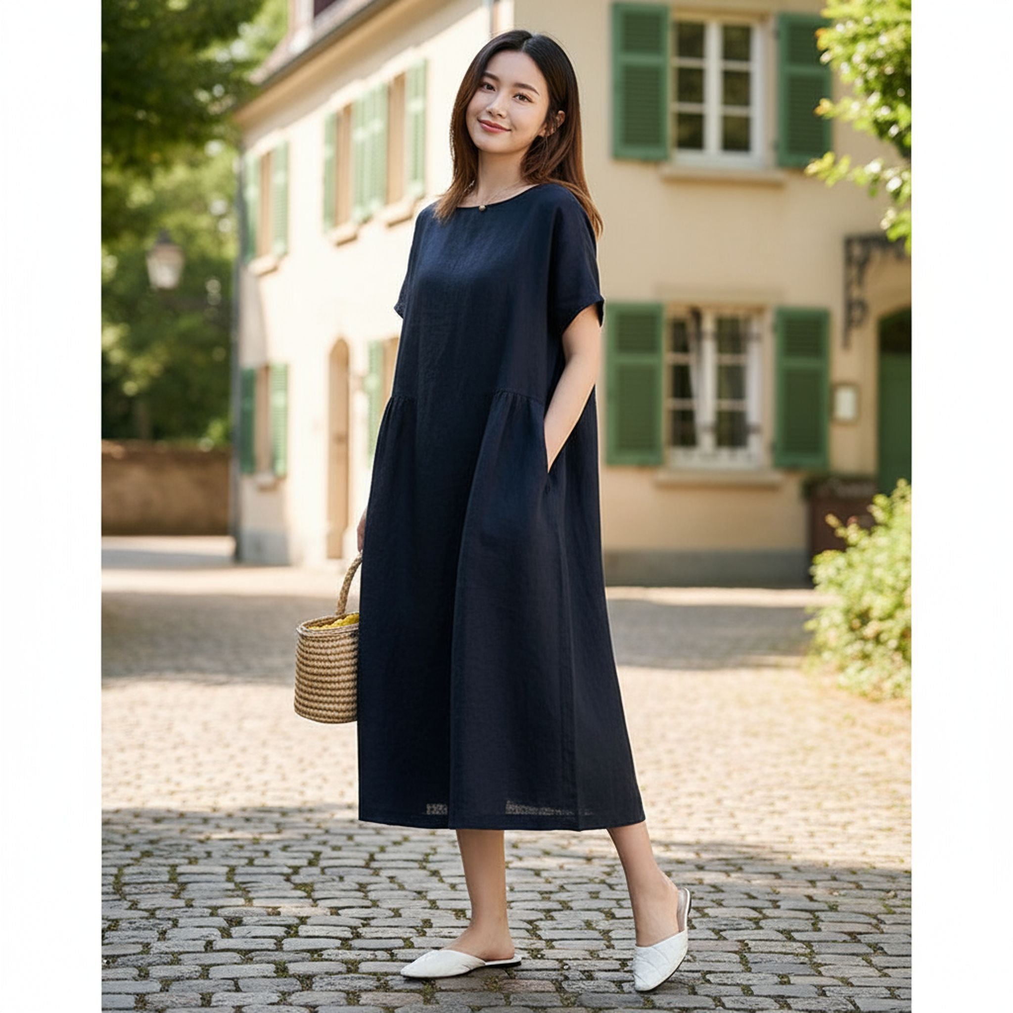 Loose Skirt Short Sleeve Crew Neck Solid Color Cotton And Linen Dress