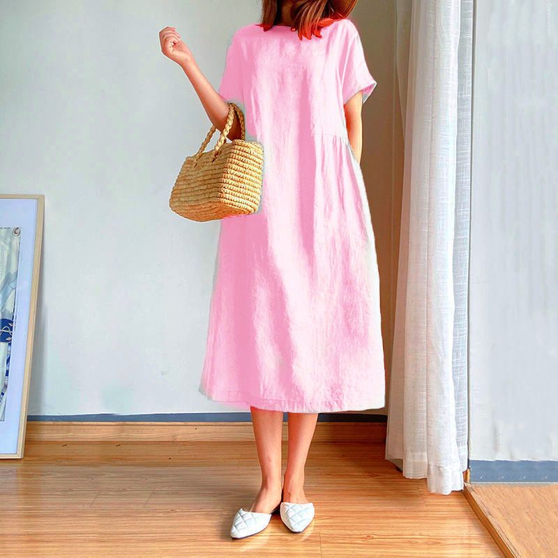 Loose Skirt Short Sleeve Crew Neck Solid Color Cotton And Linen Dress