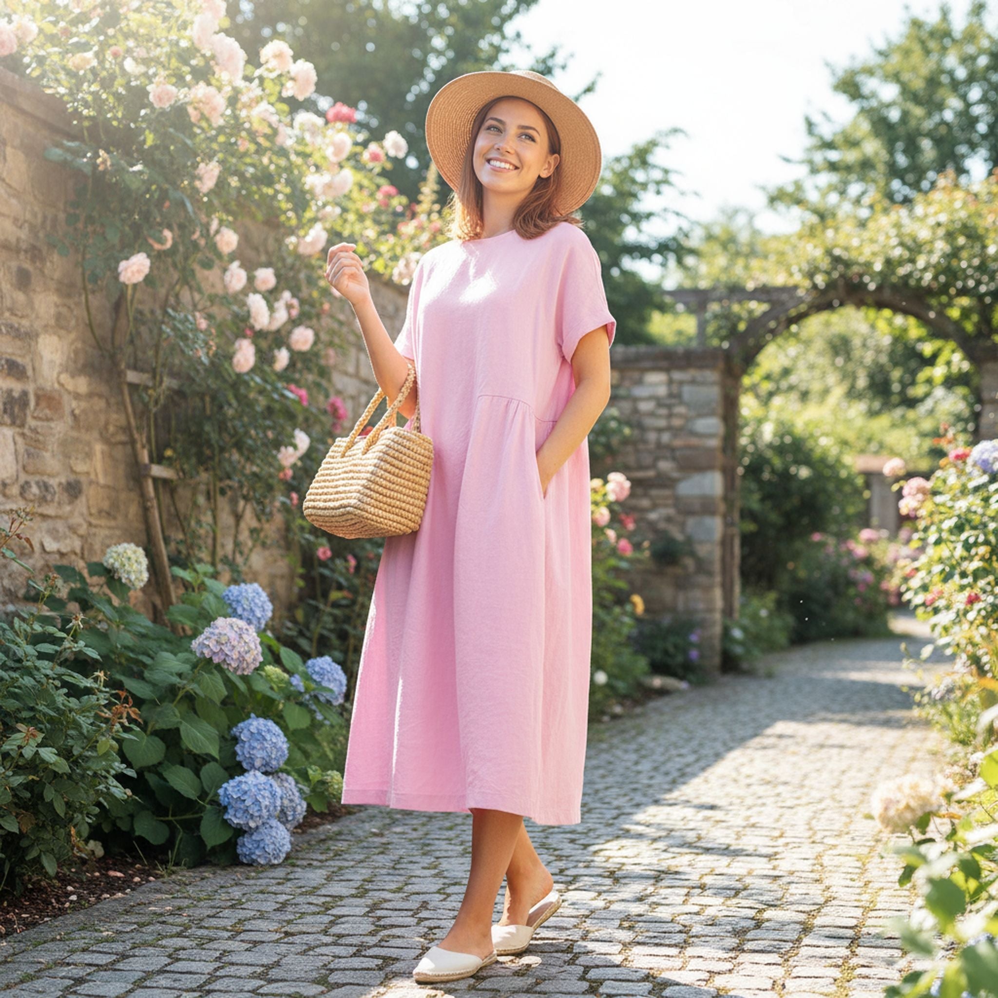 Loose Skirt Short Sleeve Crew Neck Solid Color Cotton And Linen Dress