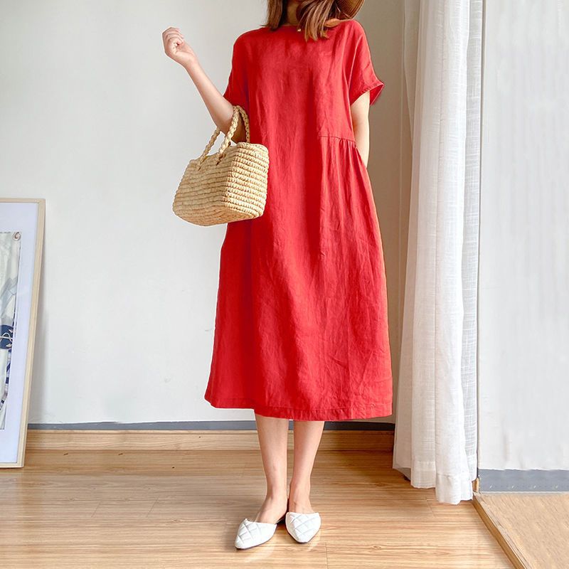 Loose Skirt Short Sleeve Crew Neck Solid Color Cotton And Linen Dress