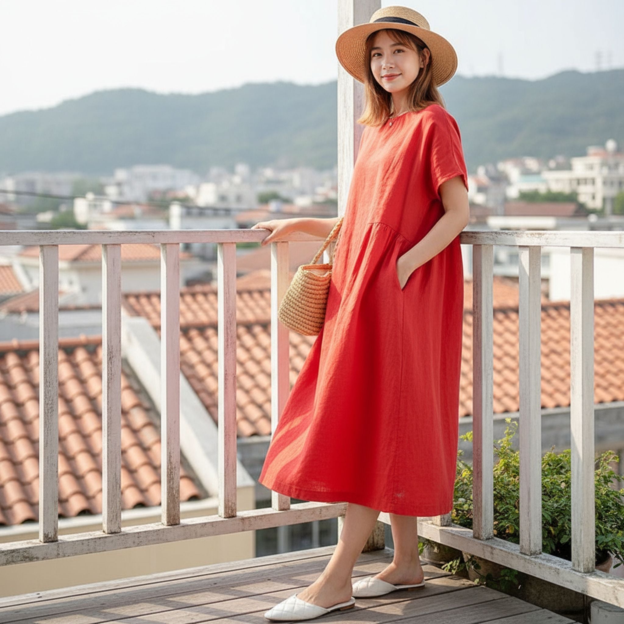 Loose Skirt Short Sleeve Crew Neck Solid Color Cotton And Linen Dress