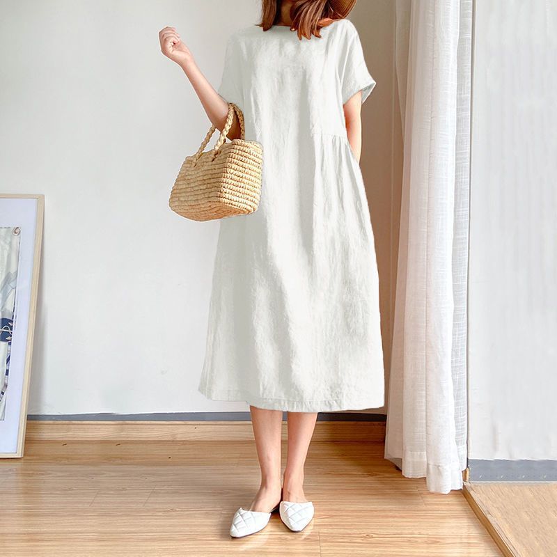 Loose Skirt Short Sleeve Crew Neck Solid Color Cotton And Linen Dress