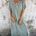 Summer Loose Skirt Short Sleeve V-Neck Solid Color Cotton And Linen Dress