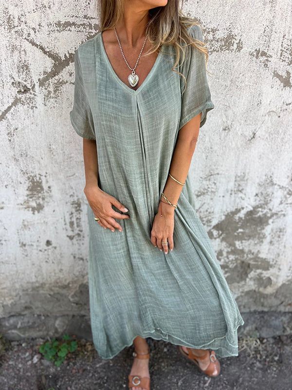 Summer Loose Skirt Short Sleeve V-Neck Solid Color Cotton And Linen Dress