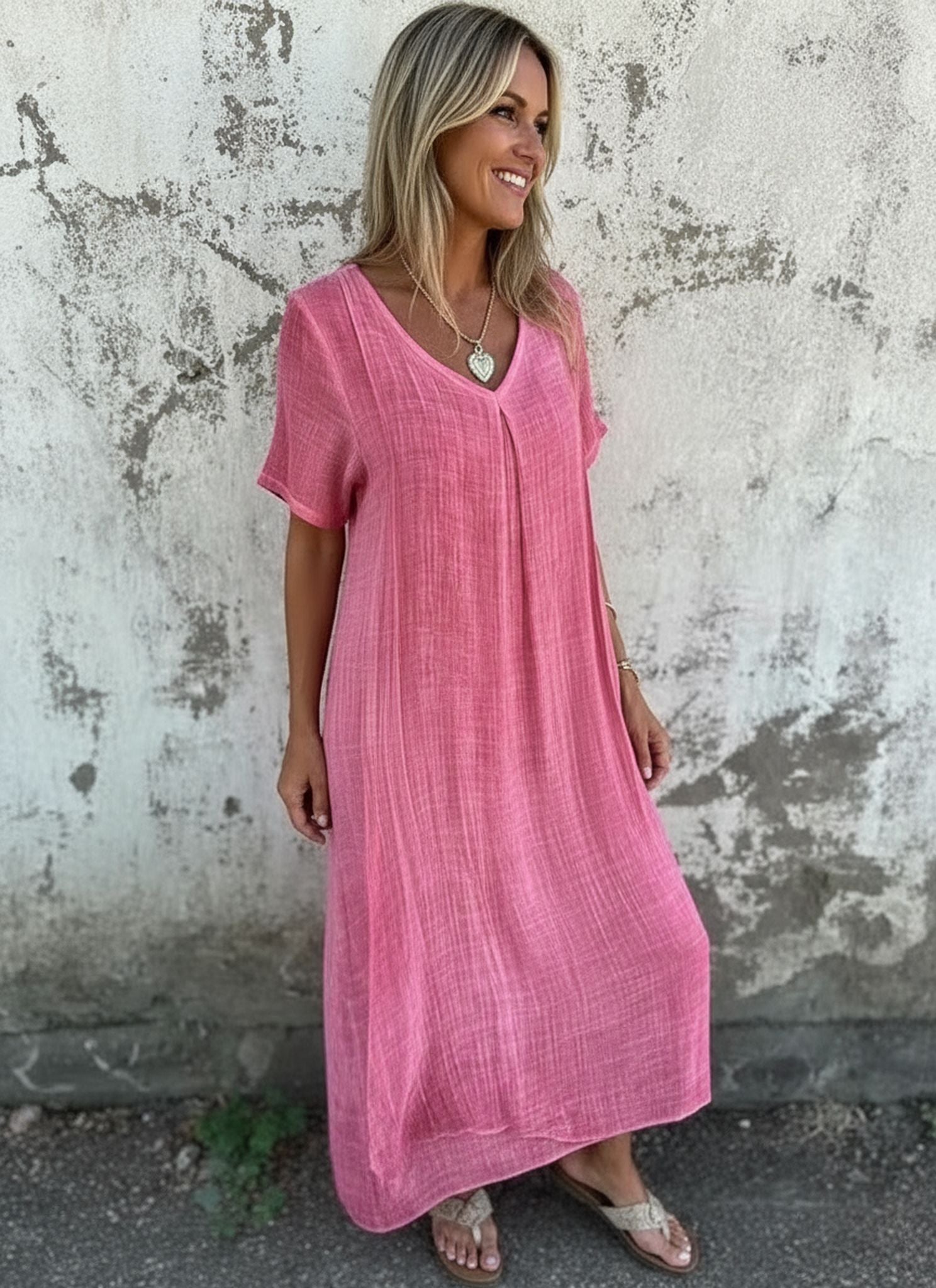Summer Loose Skirt Short Sleeve V-Neck Solid Color Cotton And Linen Dress