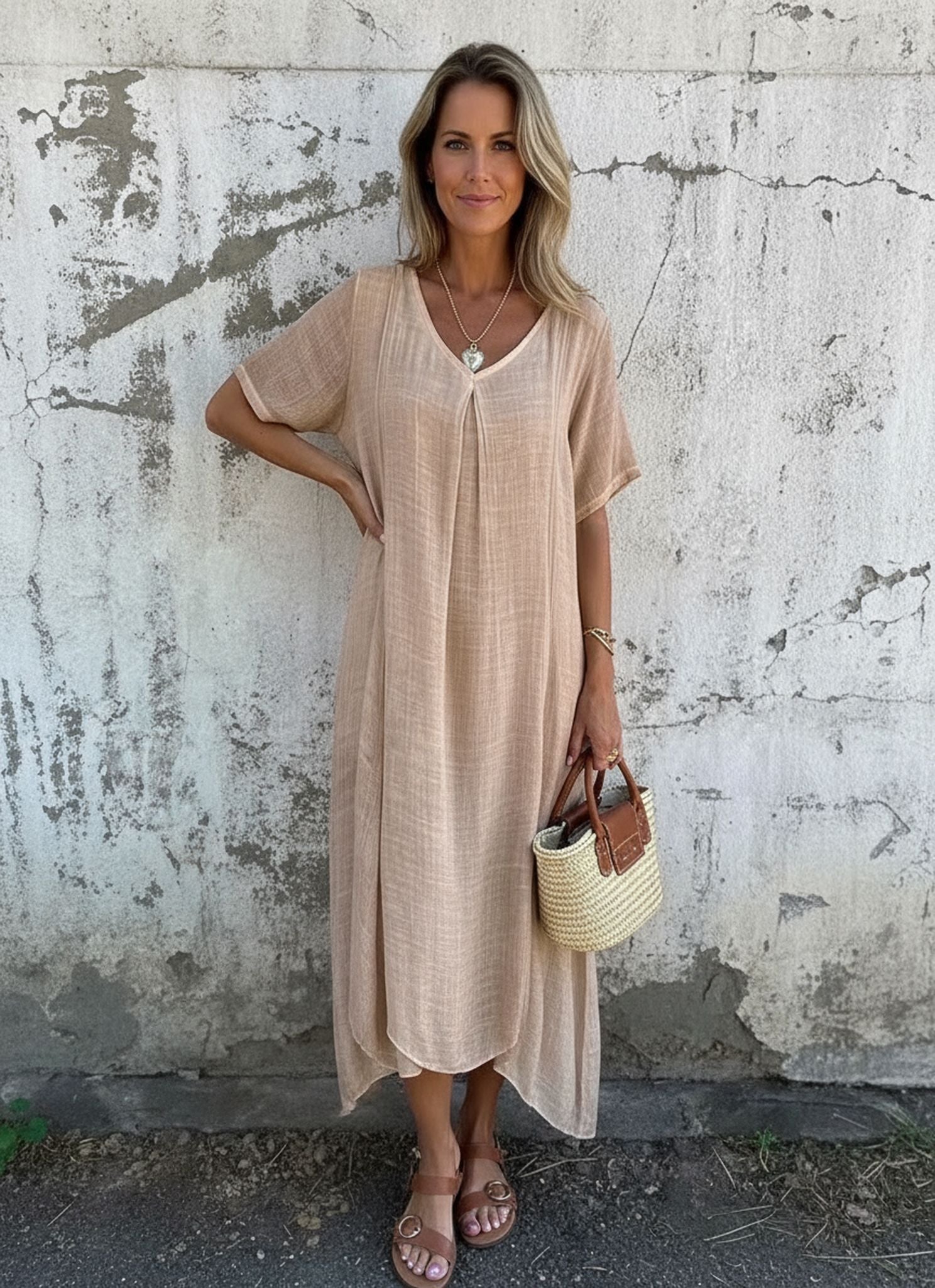 Summer Loose Skirt Short Sleeve V-Neck Solid Color Cotton And Linen Dress