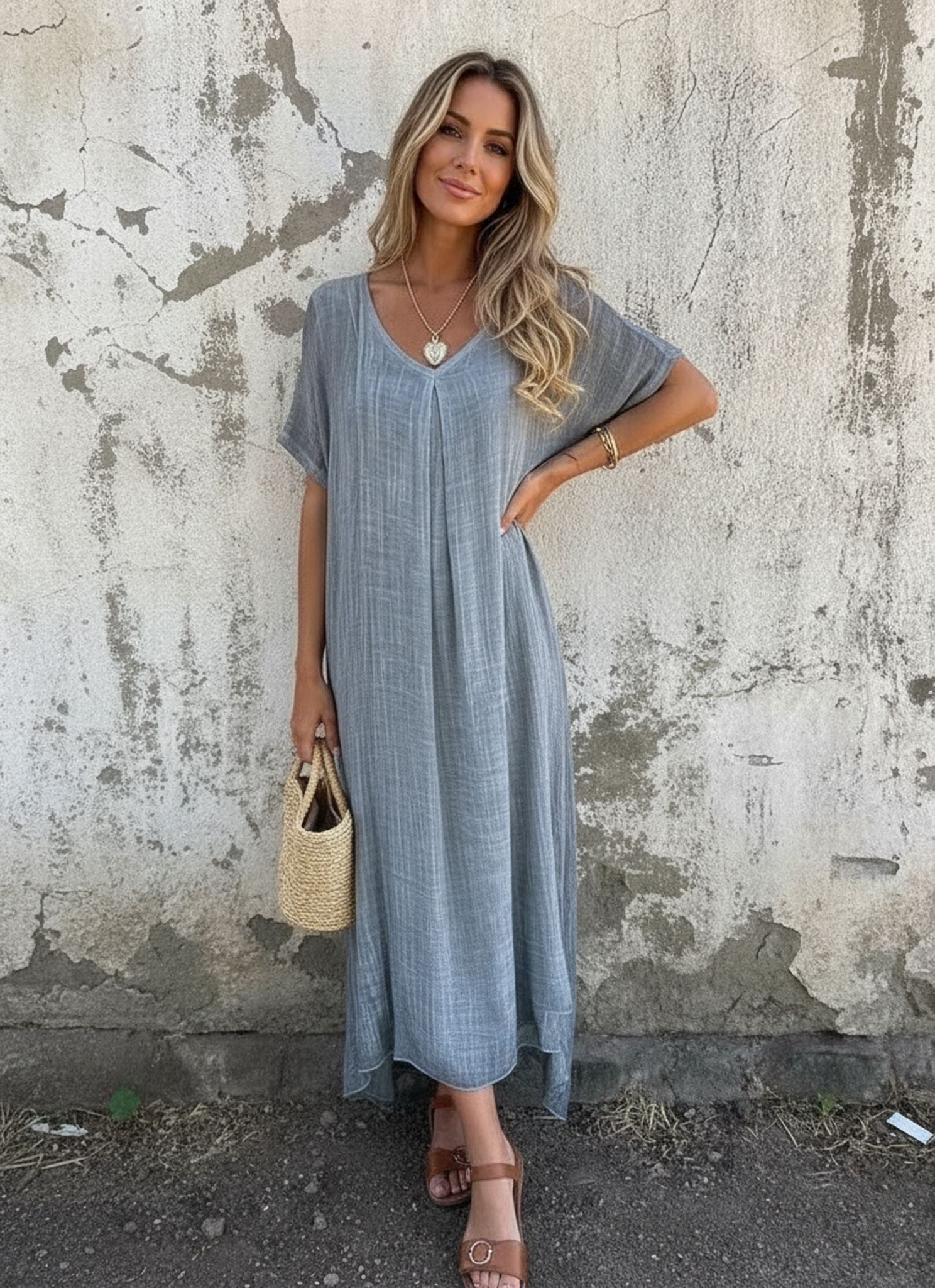 Summer Loose Skirt Short Sleeve V-Neck Solid Color Cotton And Linen Dress