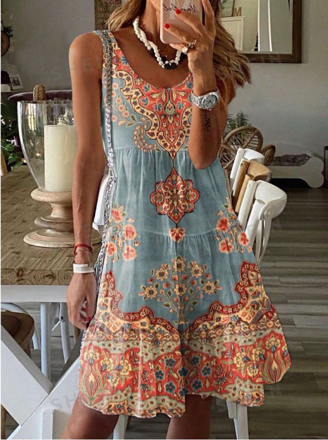 New Summer Sleeveless Floral Halterneck Waist Dress For Women