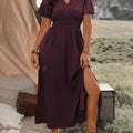 New Solid Color V-Neck Flared Sleeves Elasticated Waist Slimming Slit Long Skirt