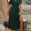 New Solid Color V-Neck Flared Sleeves Elasticated Waist Slimming Slit Long Skirt