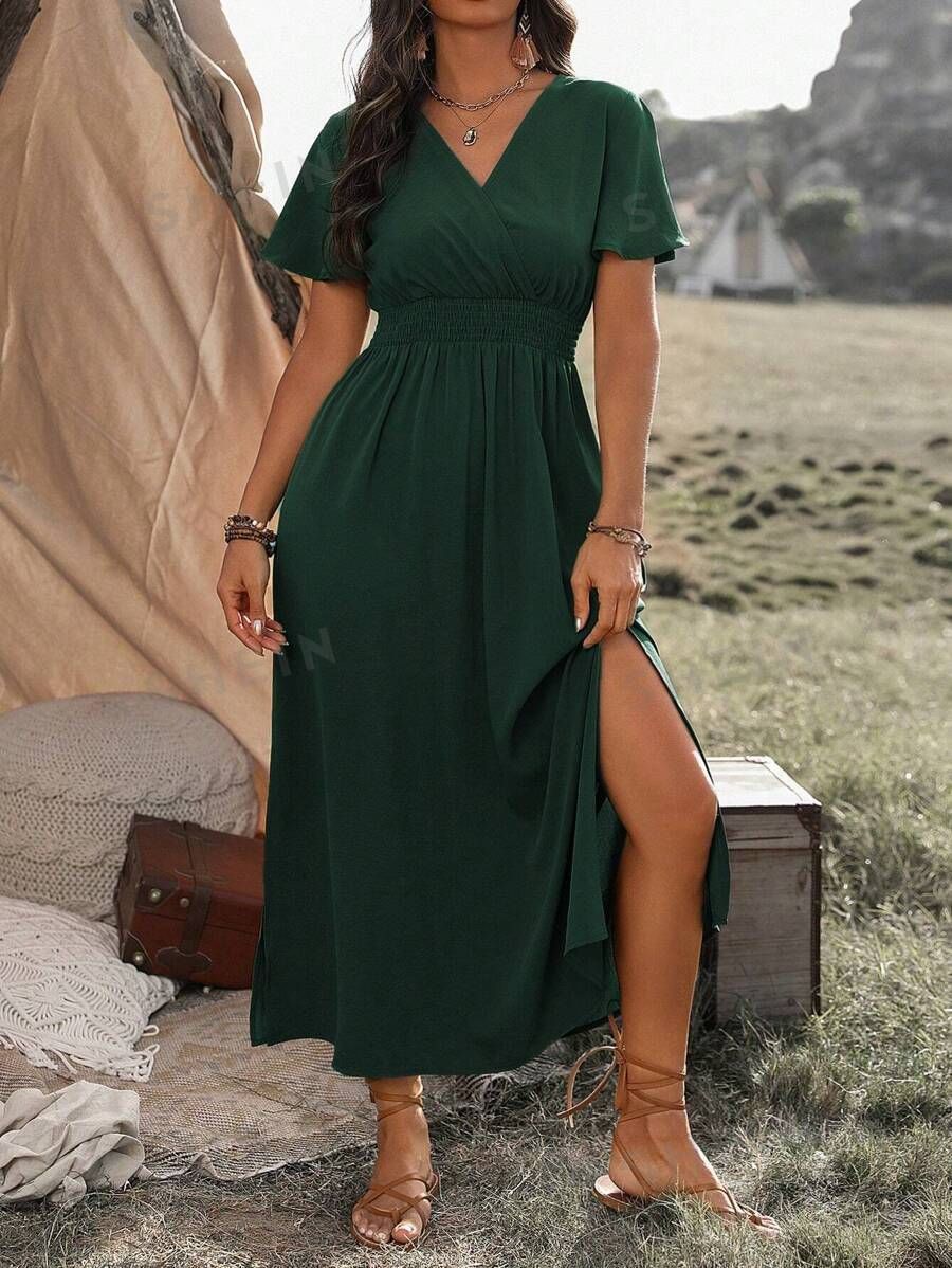 New Solid Color V-Neck Flared Sleeves Elasticated Waist Slimming Slit Long Skirt