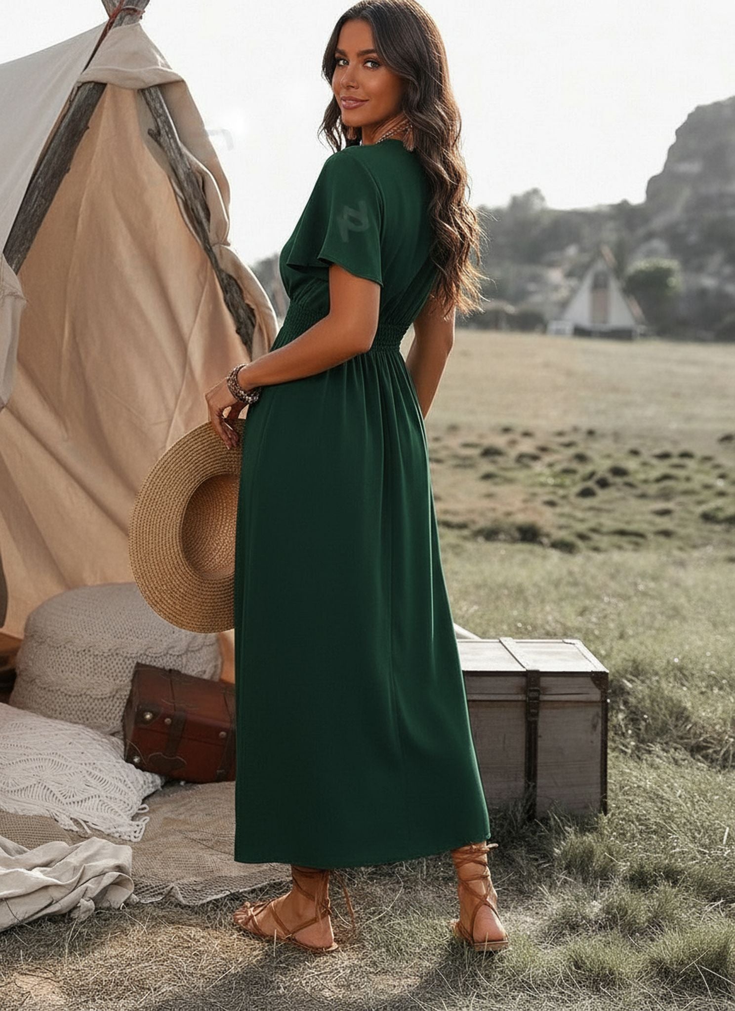 New Solid Color V-Neck Flared Sleeves Elasticated Waist Slimming Slit Long Skirt