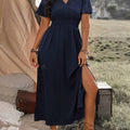 New Solid Color V-Neck Flared Sleeves Elasticated Waist Slimming Slit Long Skirt