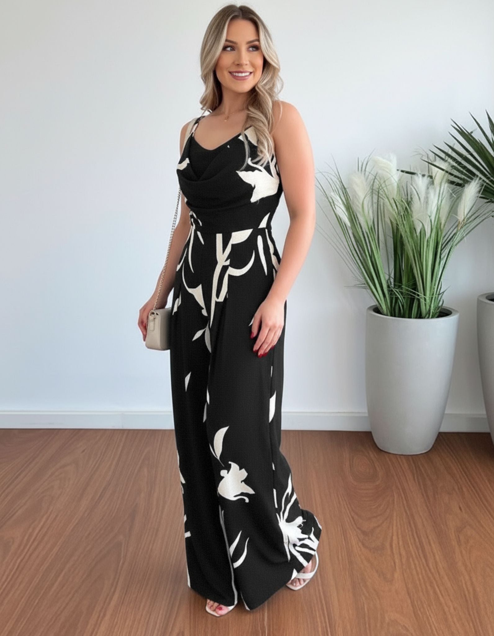 Suspender Open Back Waist Wide-Leg Jumpsuit Women'S Black