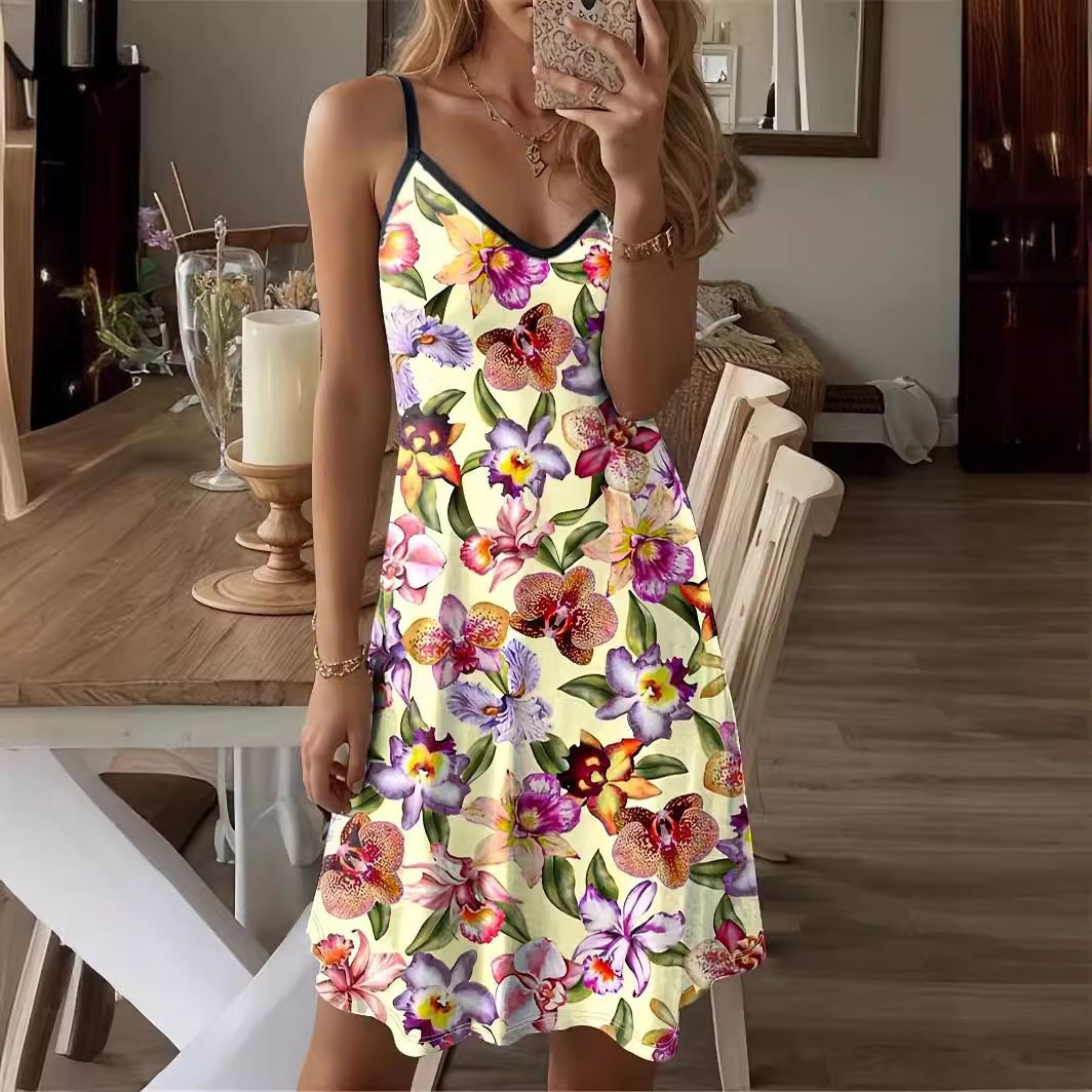 Casual Fashion Flower Print Loose Suspender Short Round Neck Mid-Length Dress