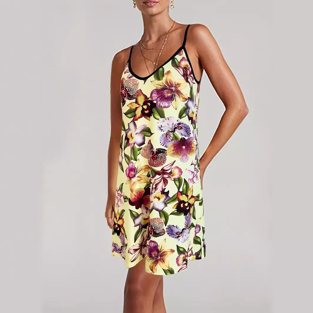 Casual Fashion Flower Print Loose Suspender Short Round Neck Mid-Length Dress