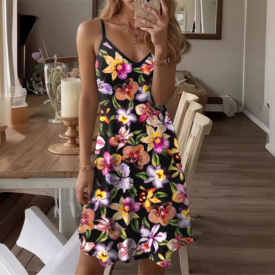 Casual Fashion Flower Print Loose Suspender Short Round Neck Mid-Length Dress