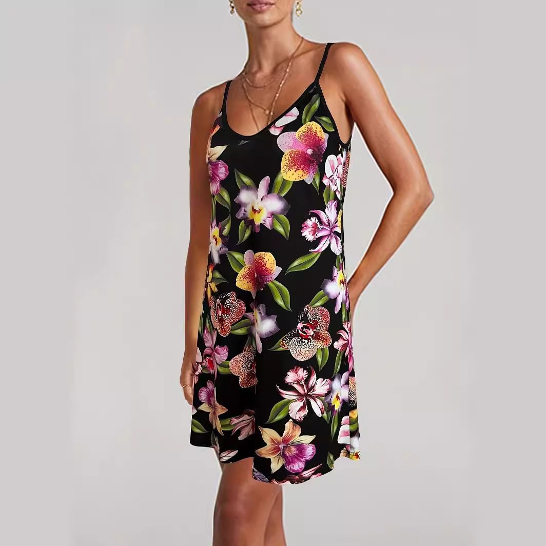 Casual Fashion Flower Print Loose Suspender Short Round Neck Mid-Length Dress