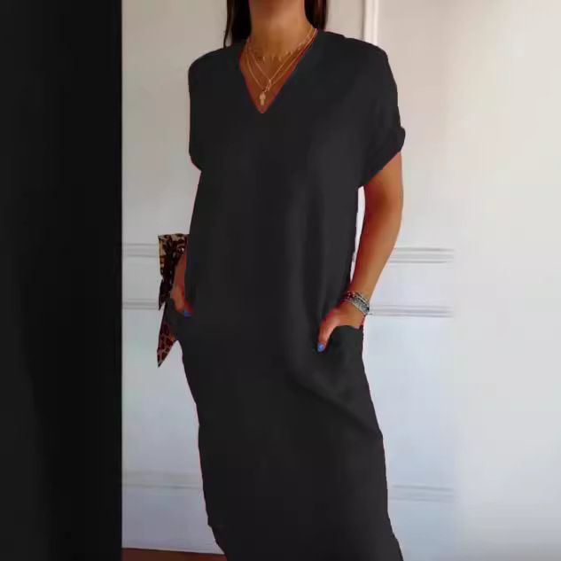 New Cotton And Linen V-Neck Short Sleeve Slit Loose Dress