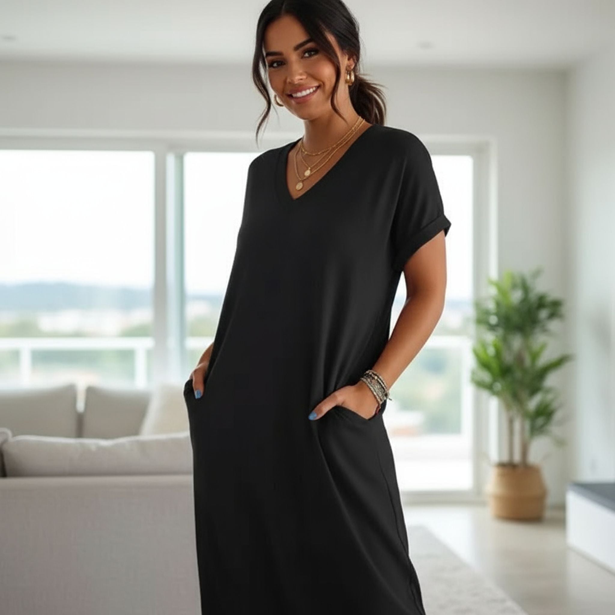 New Cotton And Linen V-Neck Short Sleeve Slit Loose Dress
