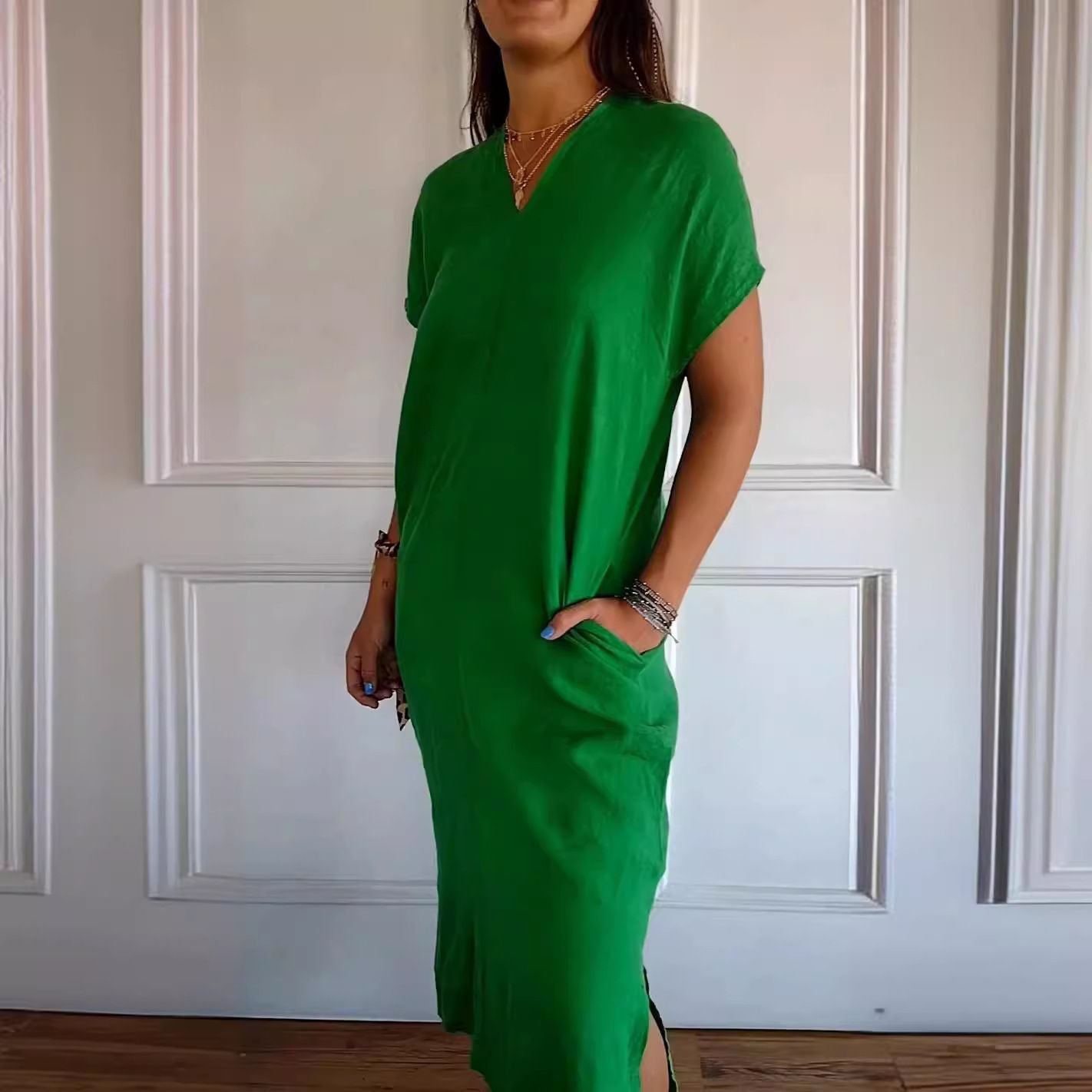New Cotton And Linen V-Neck Short Sleeve Slit Loose Dress