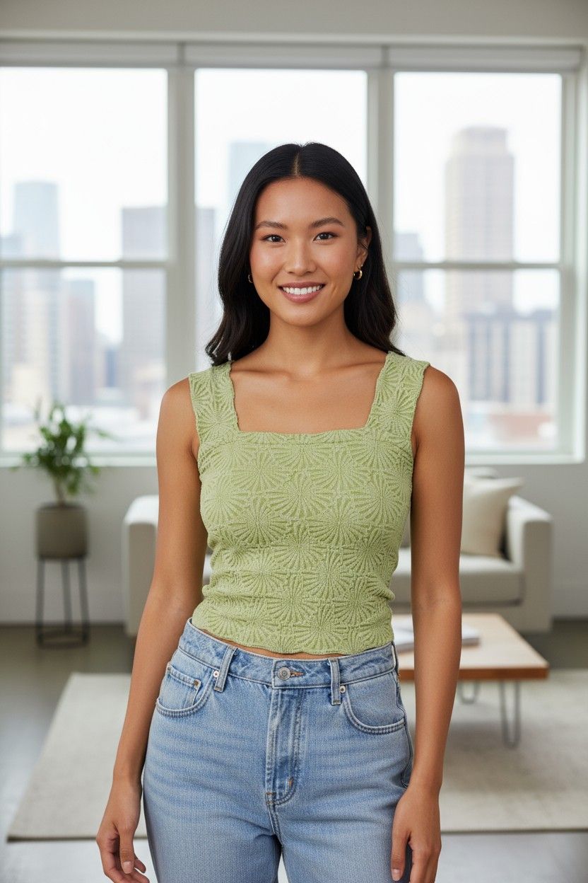 High-Elastic Jacquard Square Neck Sleeveless Vest Women'S Top