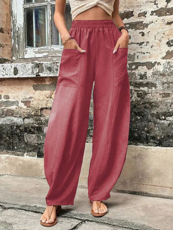 Pants Solid Color Pockets Women'S Slacks Elasticated Pants Trousers Trouser