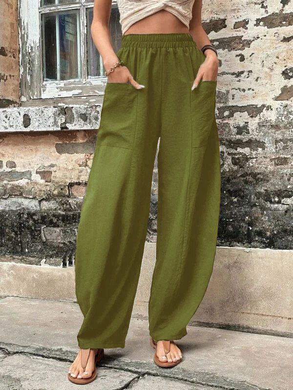 Pants Solid Color Pockets Women'S Slacks Elasticated Pants Trousers Trouser