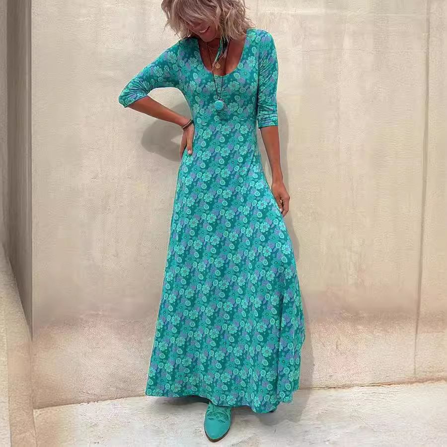 Winter Plus Size Women Pretty Beauty Long Sleeve Fashion Flower Print Dress Long Skirt