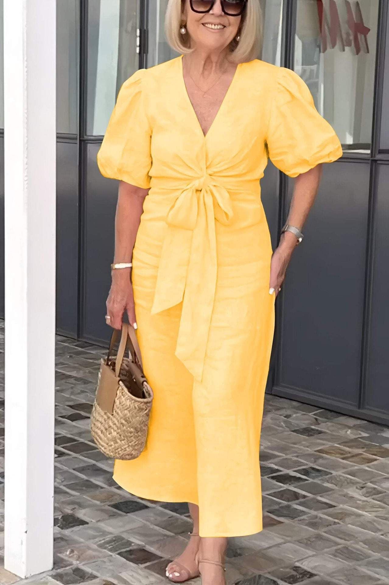 V-Neck With Puff Sleeve Cotton Dress