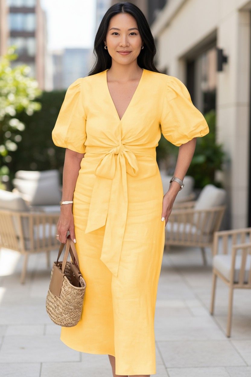 V-Neck With Puff Sleeve Cotton Dress