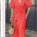 V-Neck With Puff Sleeve Cotton Dress