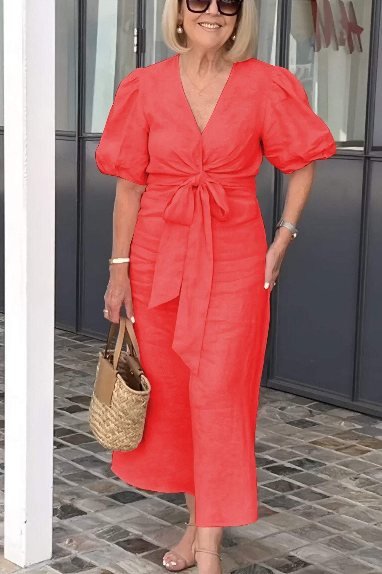 V-Neck With Puff Sleeve Cotton Dress