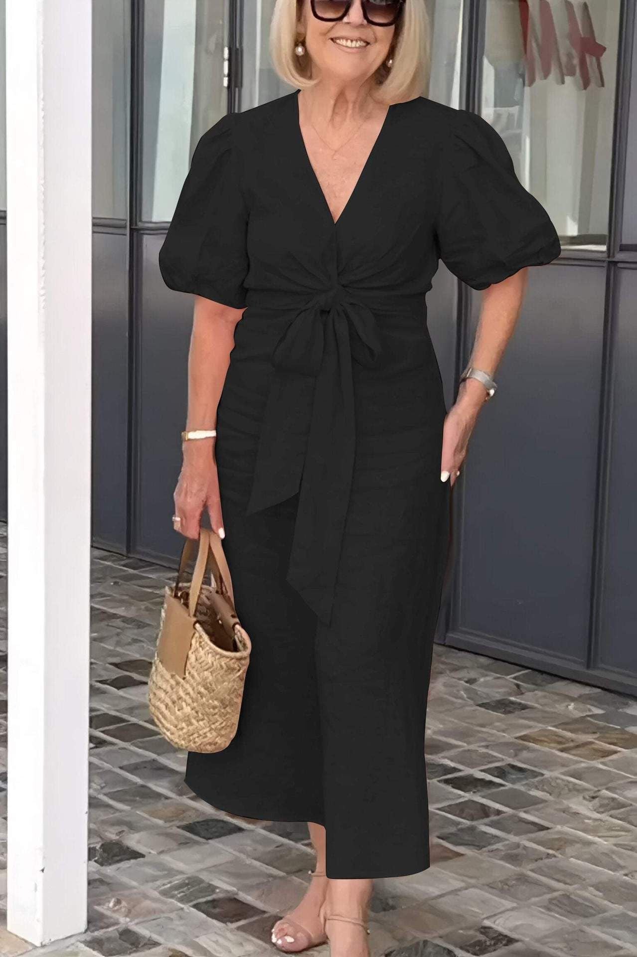 V-Neck With Puff Sleeve Cotton Dress