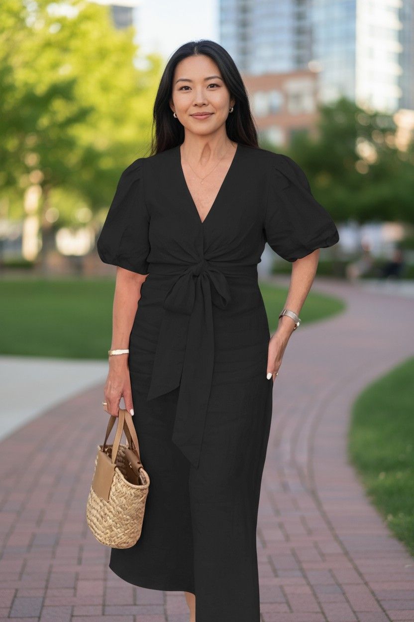 V-Neck With Puff Sleeve Cotton Dress