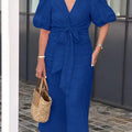 V-Neck With Puff Sleeve Cotton Dress