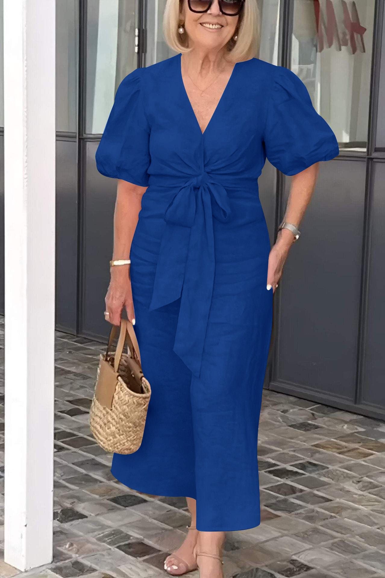 V-Neck With Puff Sleeve Cotton Dress