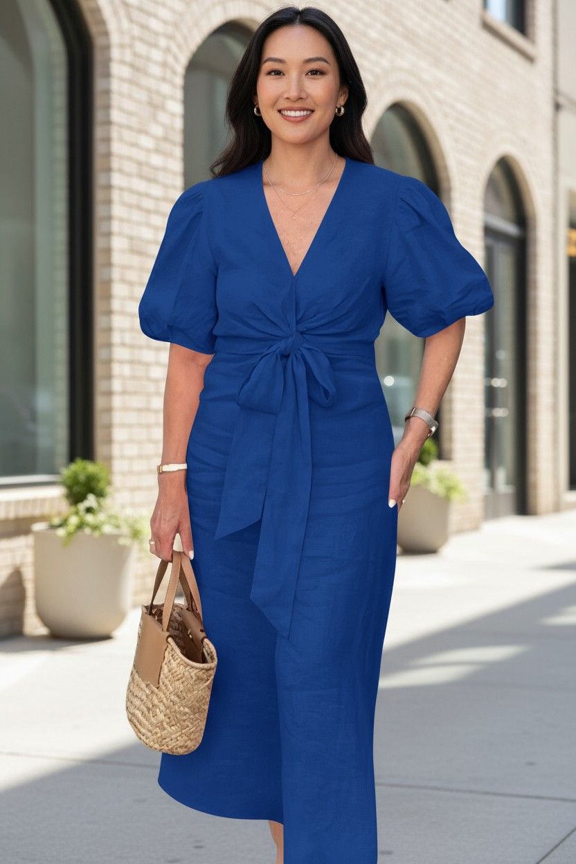 V-Neck With Puff Sleeve Cotton Dress